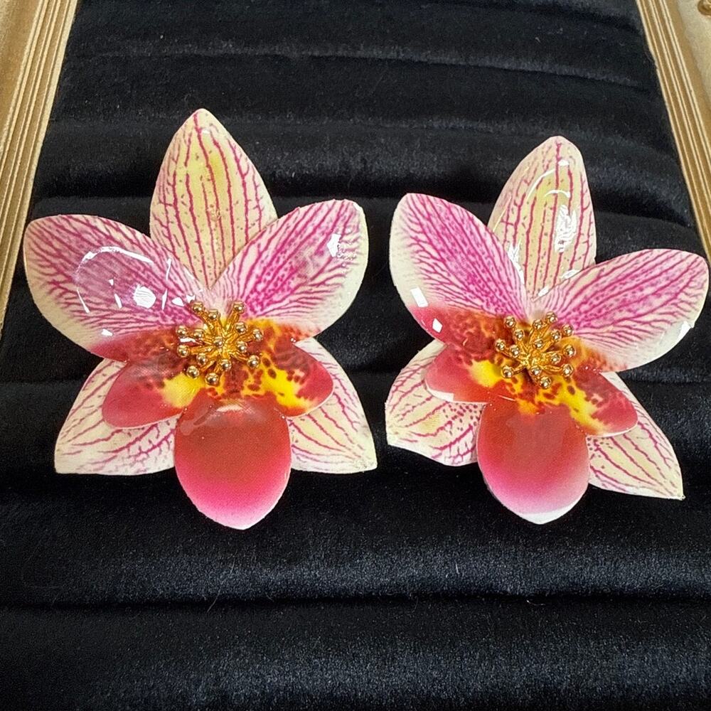 Pink Orchid Flower Statement Earrings Floral Studs Tropical Botanical Jewelry